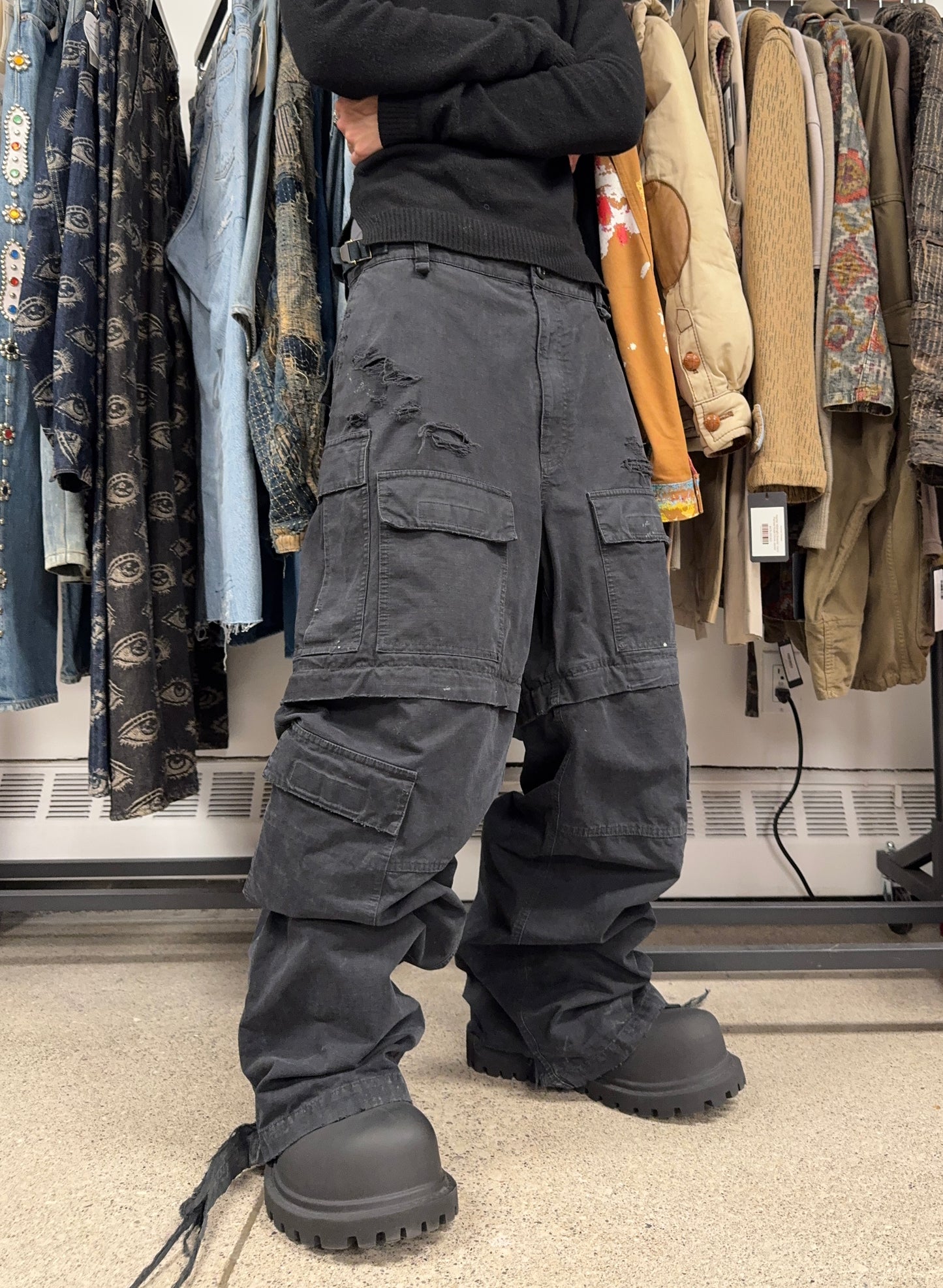 AW2023 Balenciaga Distressed Convertible Black Cargo Pants