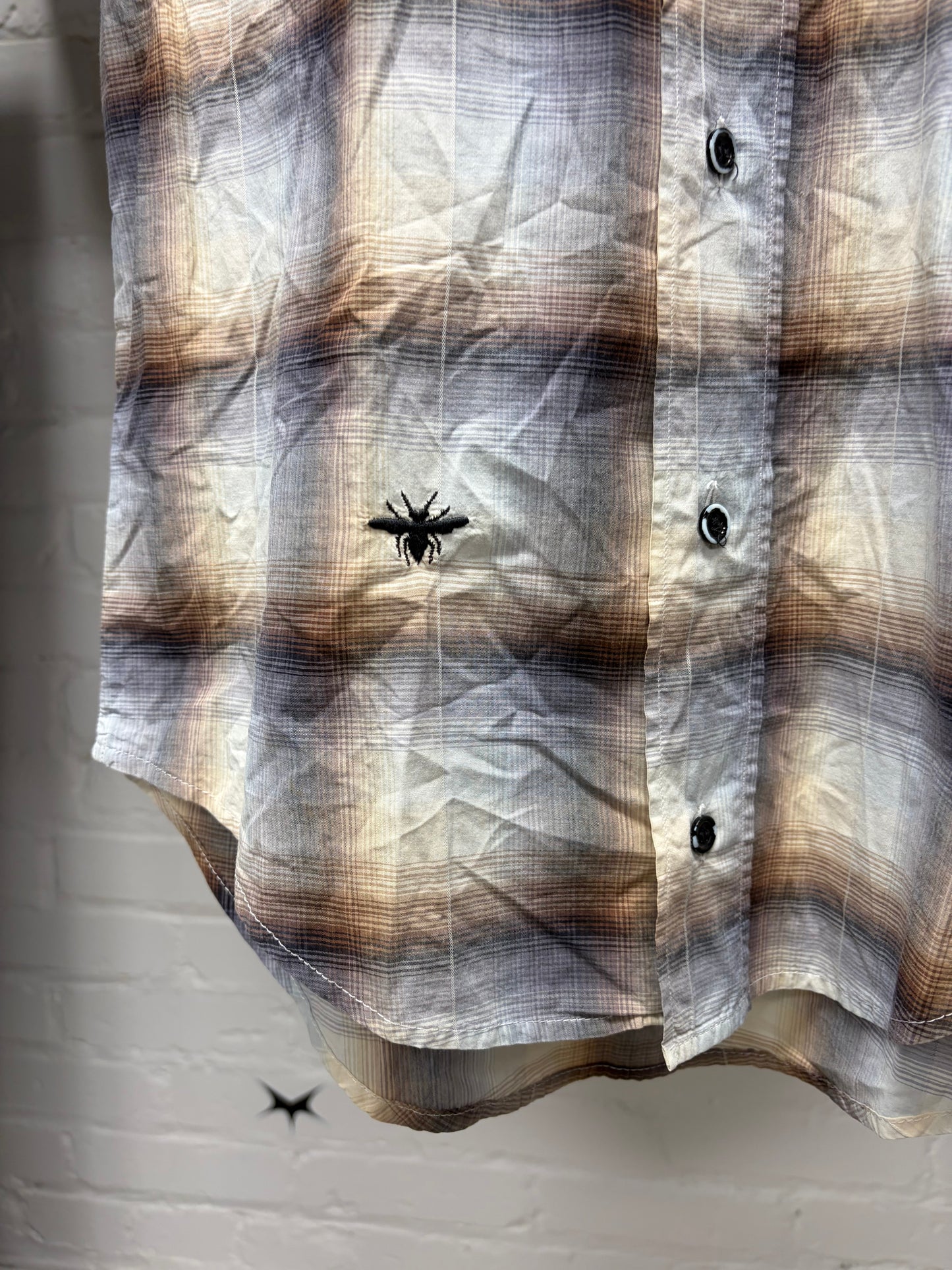 Dior Homme Brown ‘Shadow Plaid’ Embroidered Bee Logo Short Sleeve Flannel Shirt
