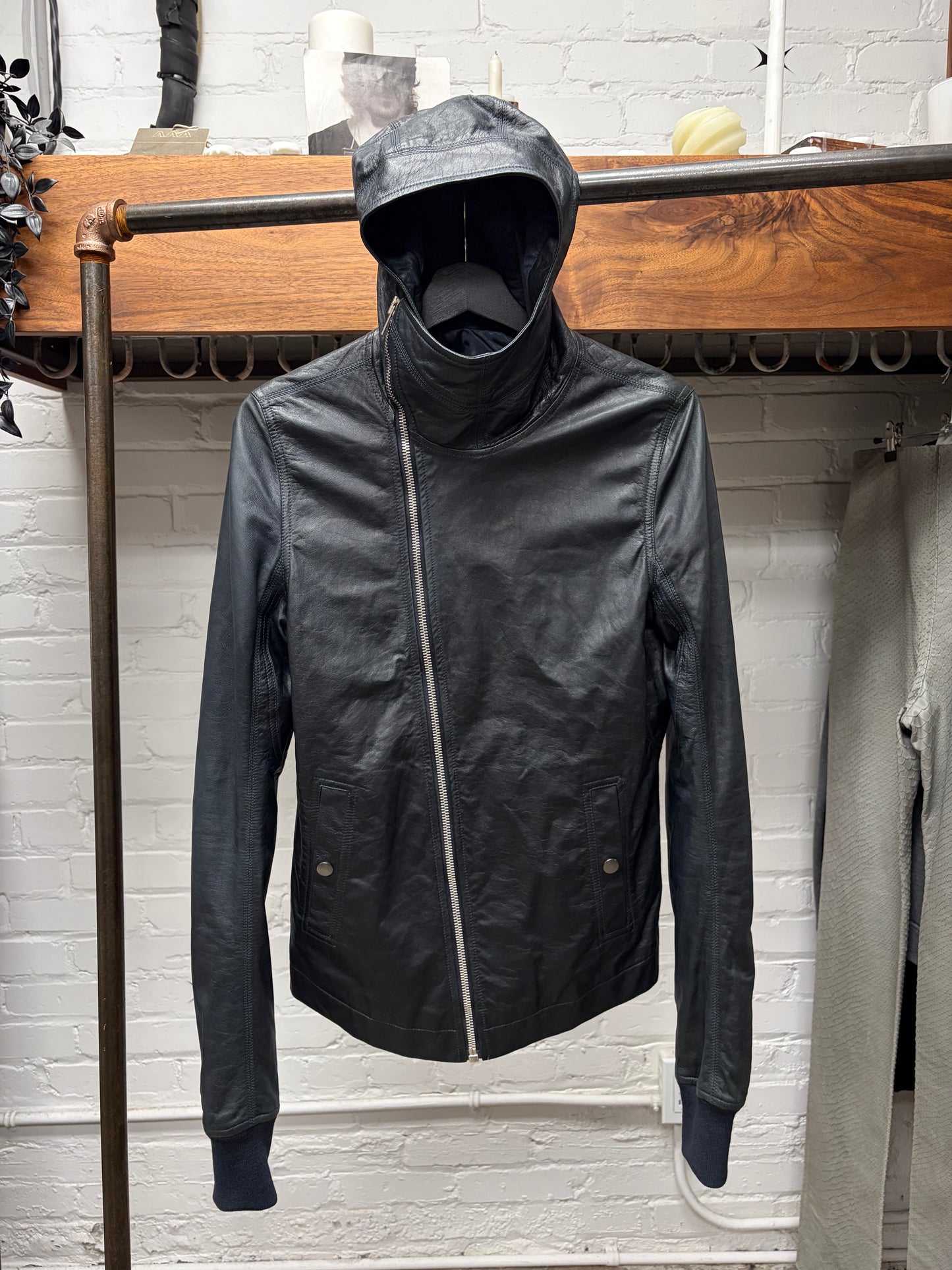 SS2014 Rick Owens ‘Vicious’ Scuba Hooded ‘Passport’ Black Leather Jacket