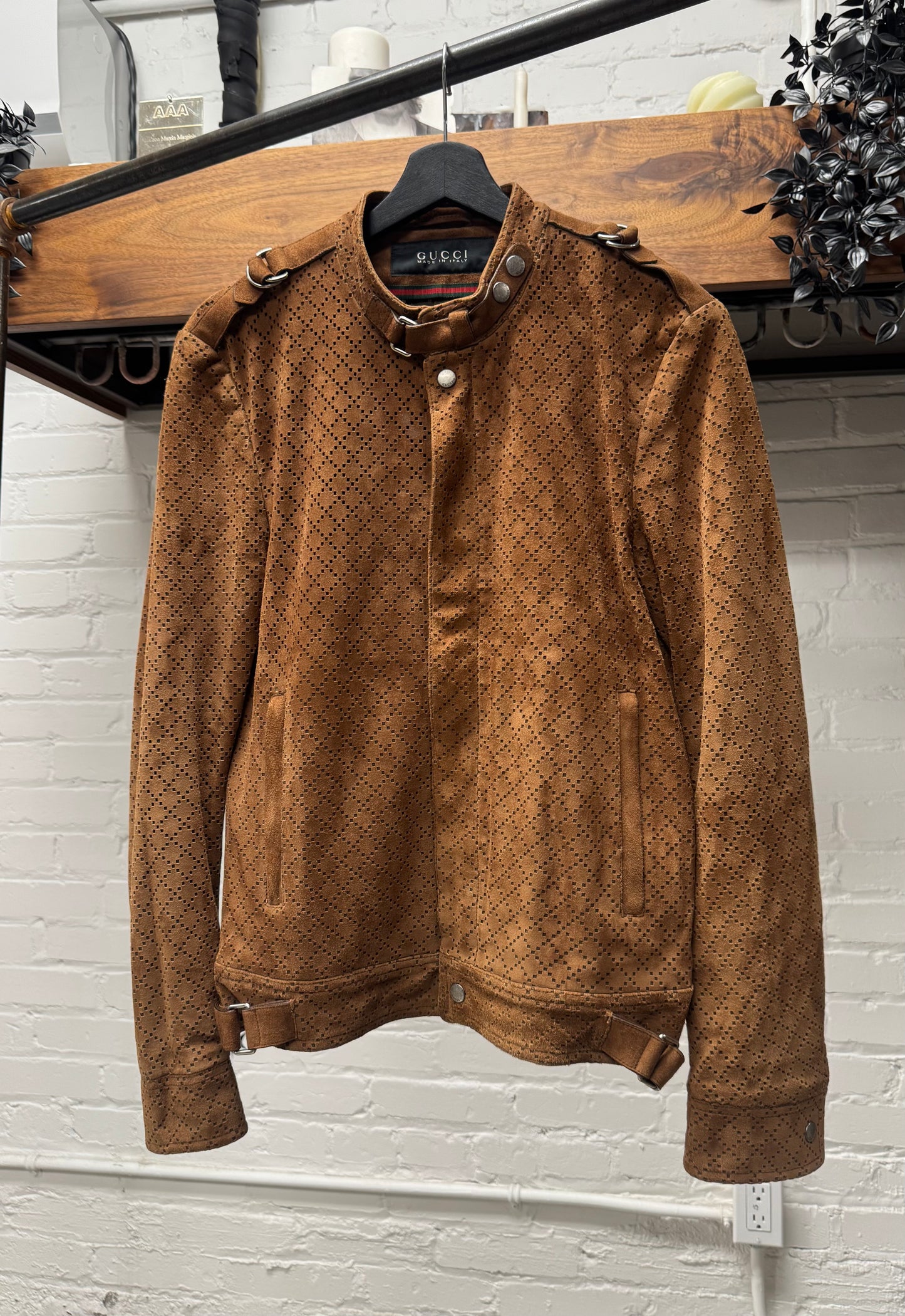Gucci by Tom Ford ‘Diamante’ Perforated Brown Suede Biker Jacket