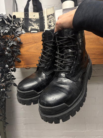 Balenciaga Croc Embossed ‘Strike’ Black Patent Leather Combat Boots