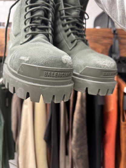 Balenciaga Distressed Canvas Military Green ‘Strike’ Combst Boots