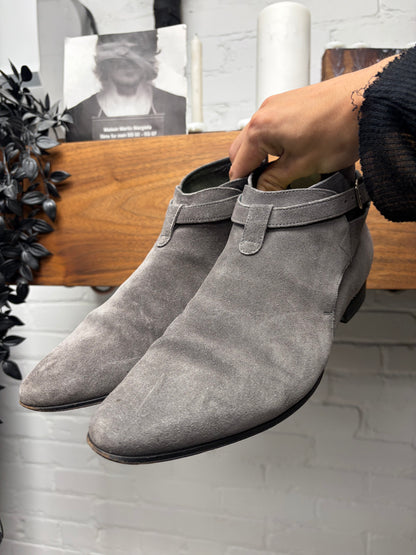 Saint Laurent Dark Grey Suede ‘Jodhpur’ Pointed Toe Ankle Boots