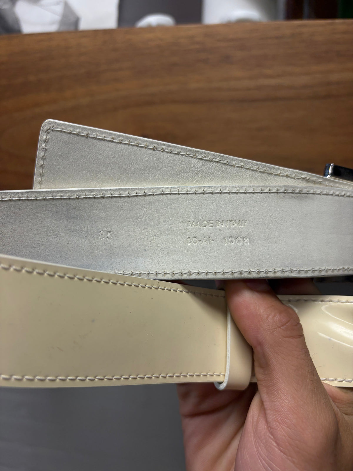 2009 Dior Homme Thin White Leather Belt with Angular Silver Buckle