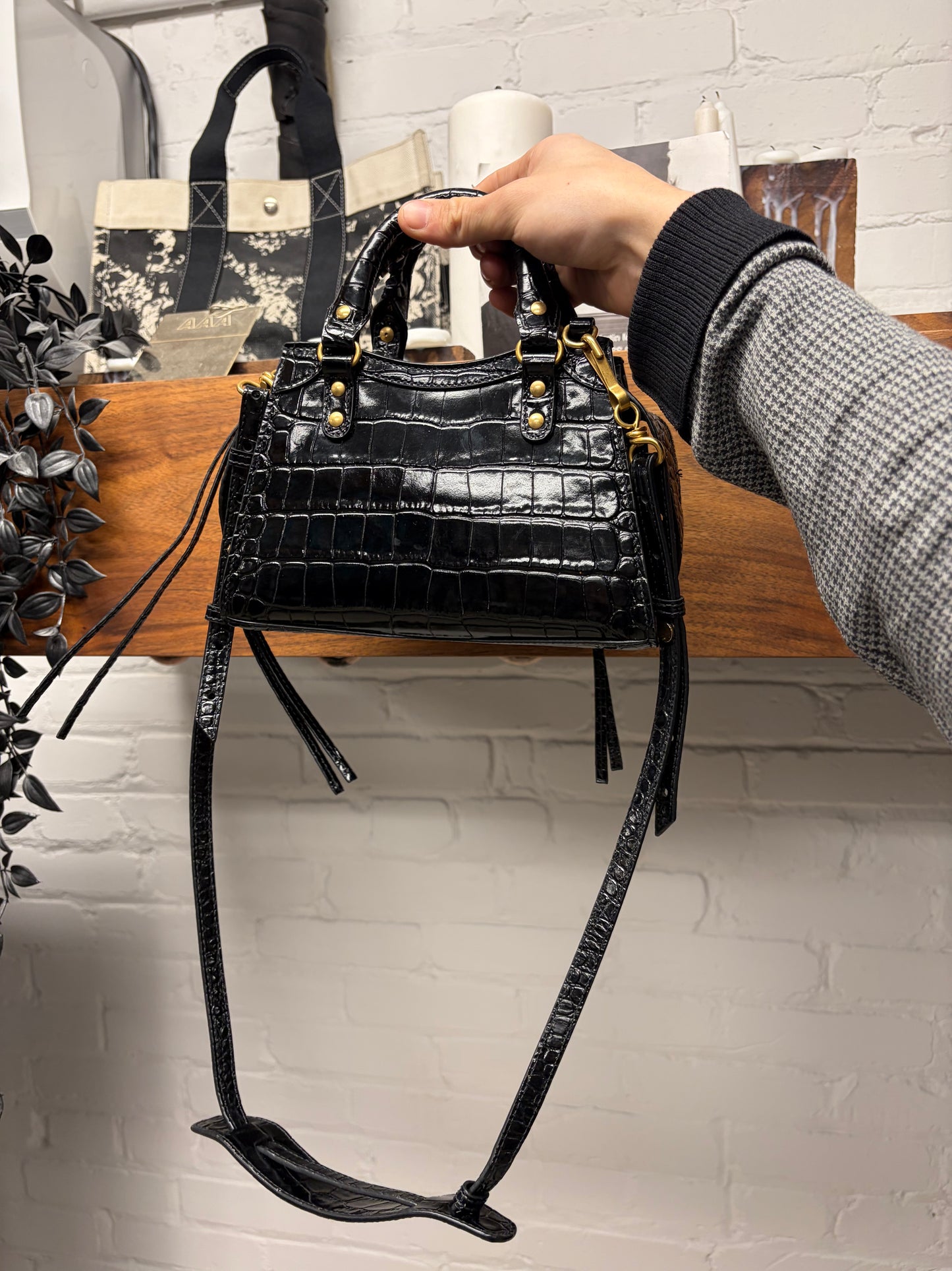 Balenciaga ‘Neo Classic’ Black Croc Embossed Leather ‘Mini-City’ Tote With Crossbody Strap