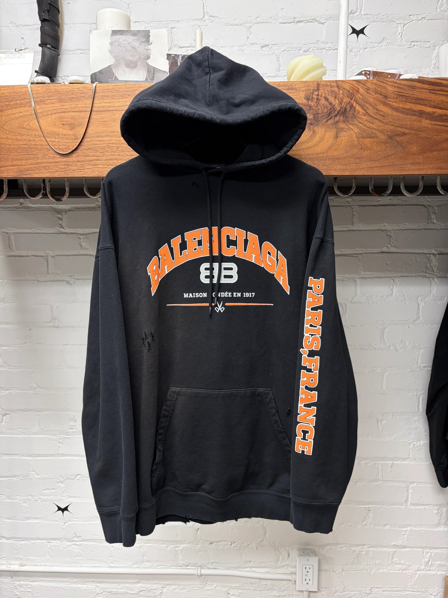 2021 Balenciaga Distressed Cotton ‘Paris’ Black/Orange Logo Hoodie