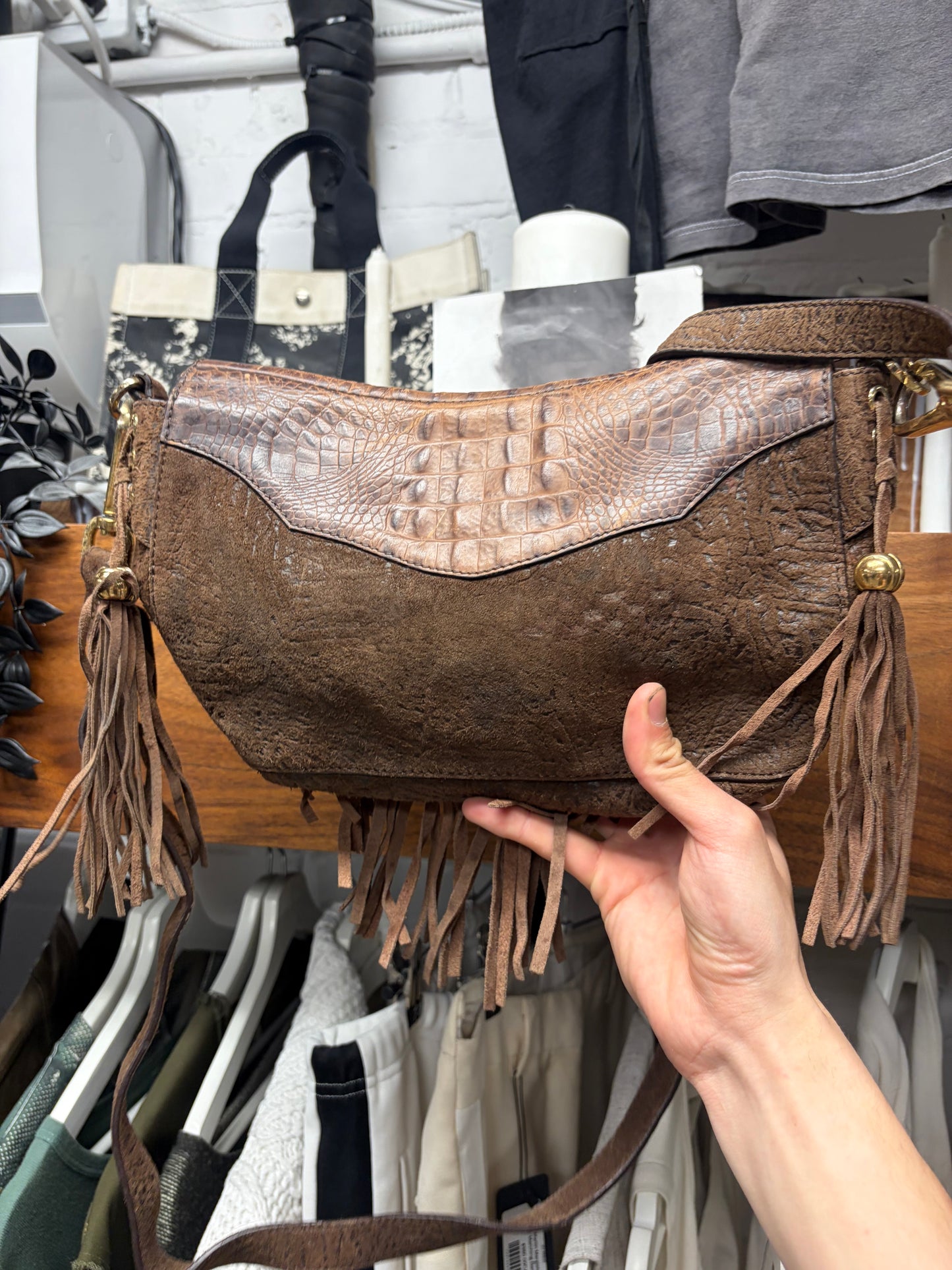2000s Roberto Cavalli Crocodile Embossed Leather Fringe Side-Bag