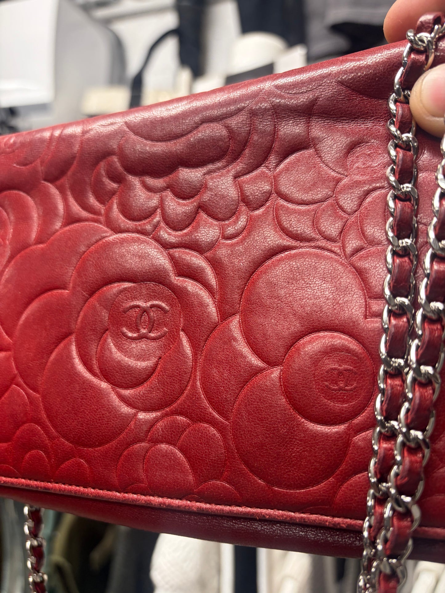 Chanel ‘Camellia’ Red Floral Embossed Leather Wallet on Chain Bag