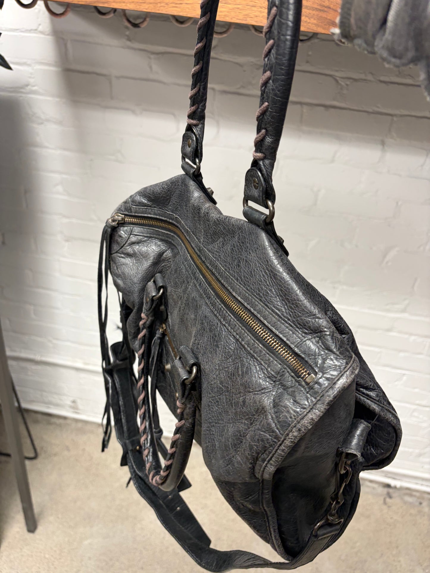 Balenciaga Classic Aged Black/Silver Hardware ‘City Bag’ with Crossbody Strap