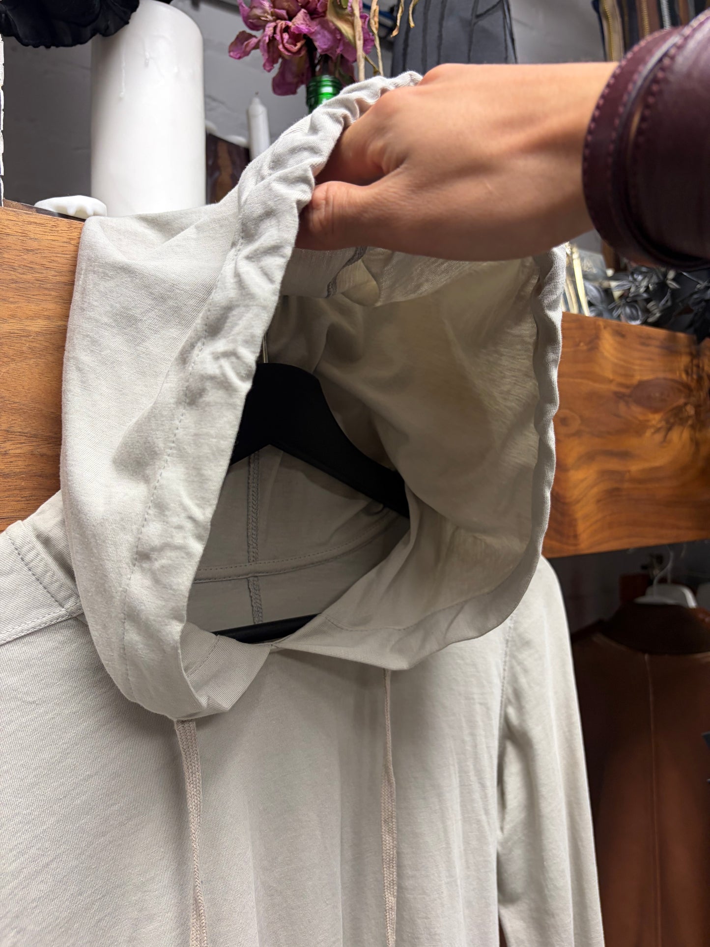 SS2019 Rick Owens ‘Babel’ Oyster Lightweight Cotton Drawstring Hoodie