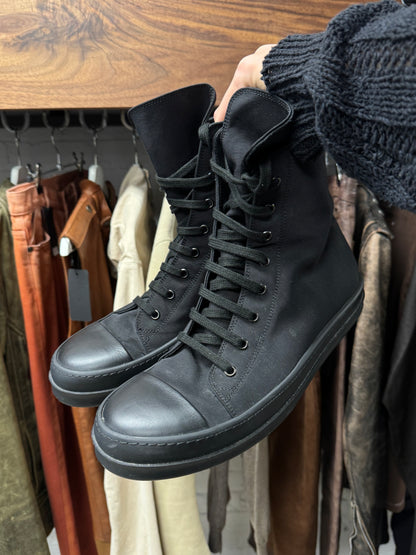 Rick Owens Waxed Nylon ‘Ramones’ Black High Top Sneakers