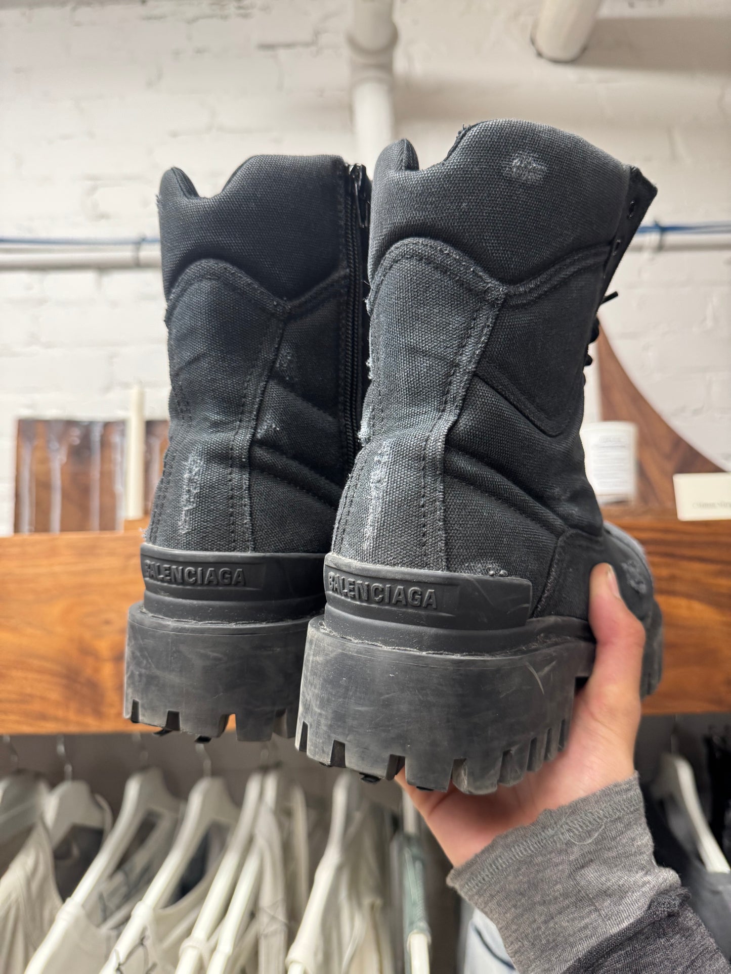 AW2022 Balenciaga Distressed Black Canvas ‘Strike’ Combat Boots