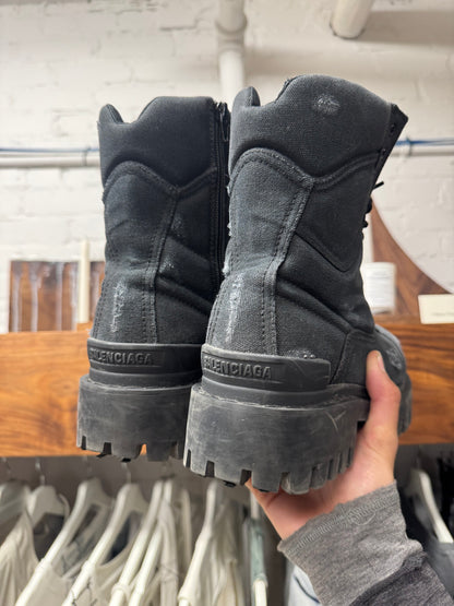 AW2022 Balenciaga Distressed Black Canvas ‘Strike’ Combat Boots