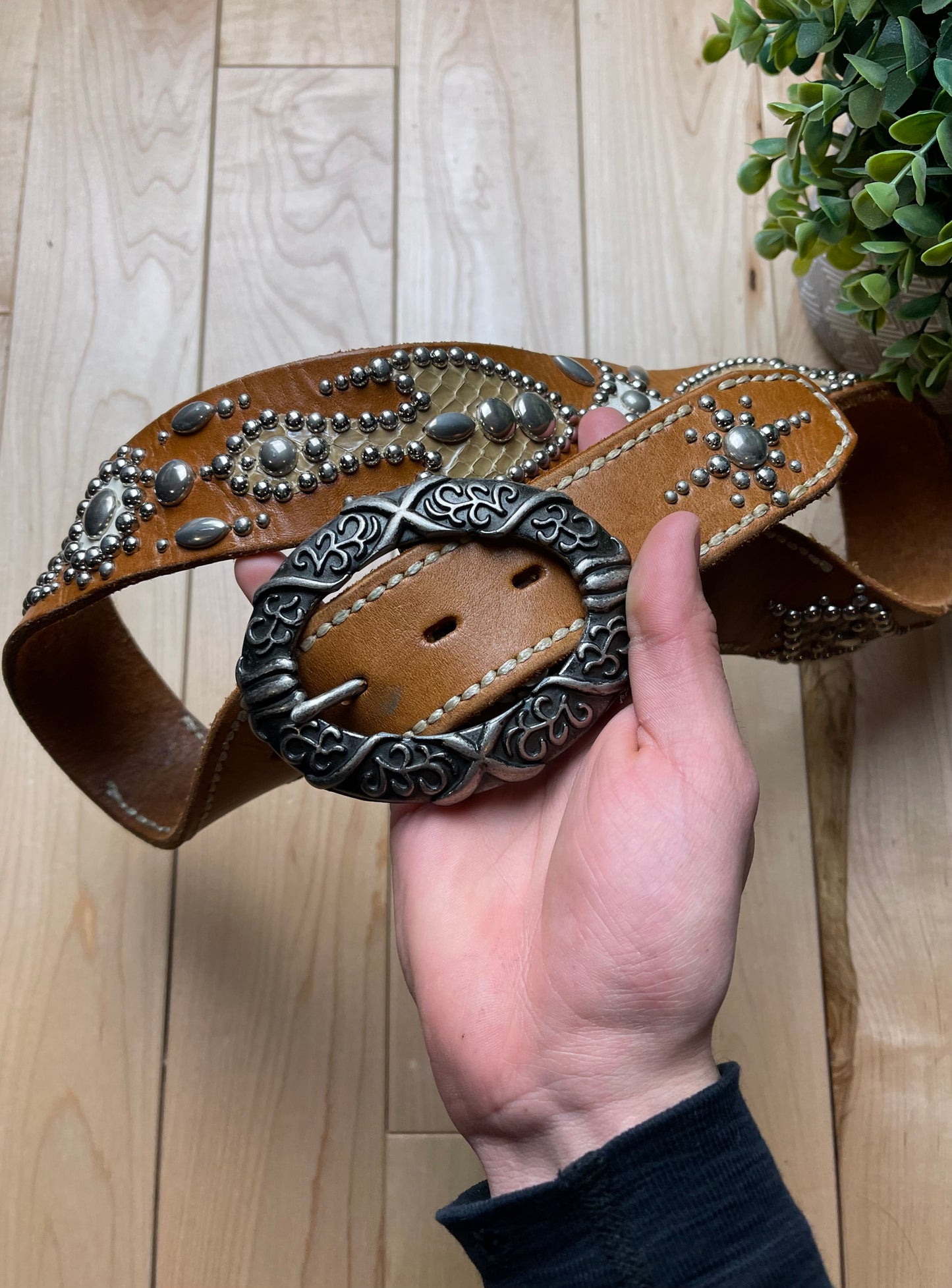 Tornado Mart Gemstone Encrusted Brown Leather Western Belt