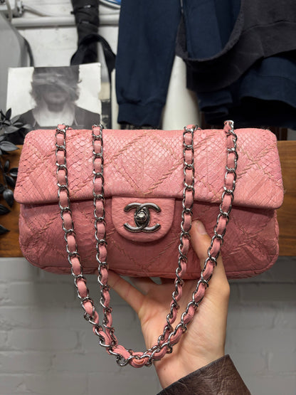 Chanel Pink Python Leather Classic ‘Flap Bag’ with Silver Hardware