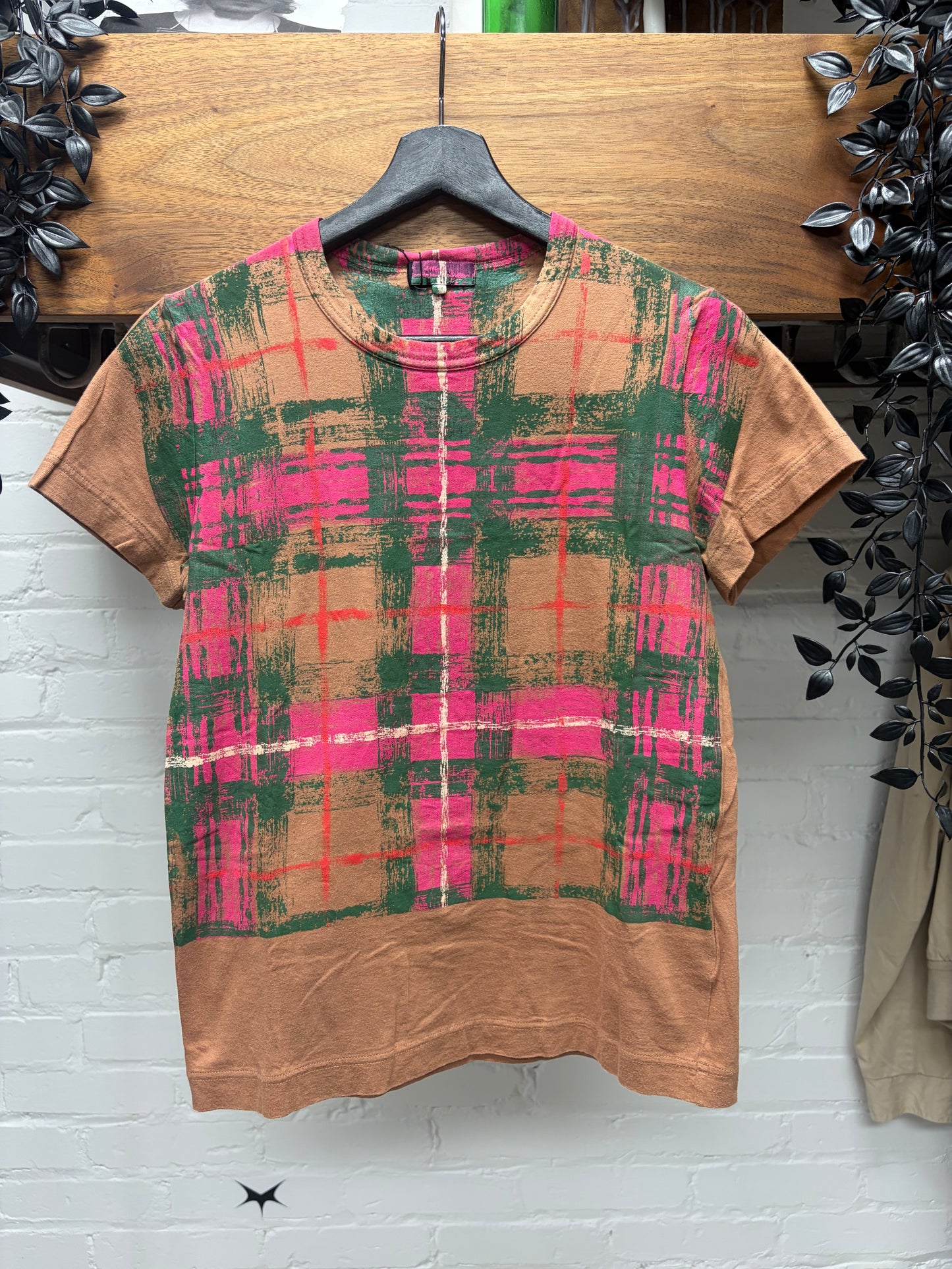 Comme Des Garçons Trictots Pink/Green ‘Blurry Plaid’ Print Brown Graphic T-Shirt
