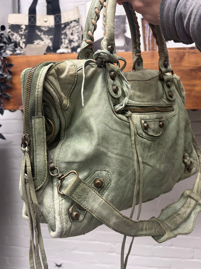 Balenciaga Mossy Green Chèvre ‘City Bag’ with Crossbody Strap