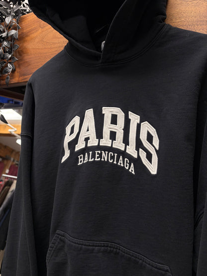 2021 Balenciaga ‘Paris’ Collegiate Logo Black Pullover Hoodie