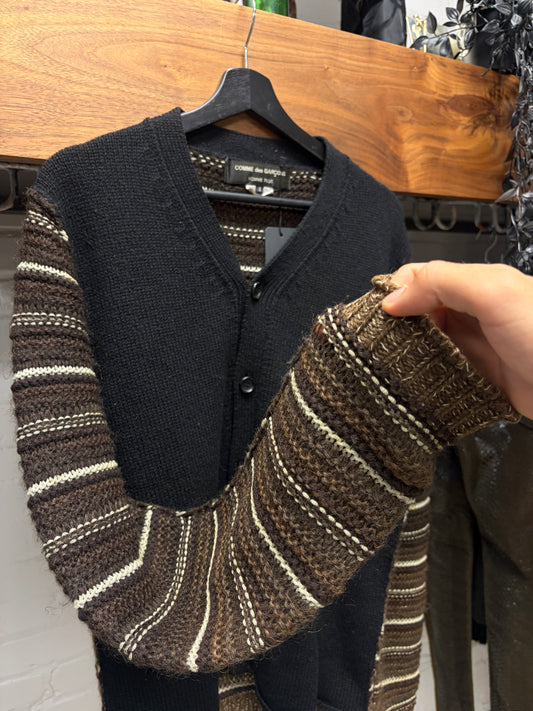 AW2011 Comme Des Garçons Homme Plus Black Knit Cardigan with Stripe Patterned Wool Sleeves