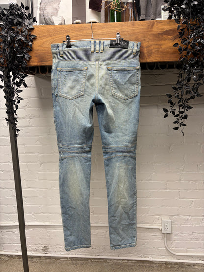 2010s Balmain 'Blood Stained' Blue Skinny Moto-Biker Knee Skinny Jeans