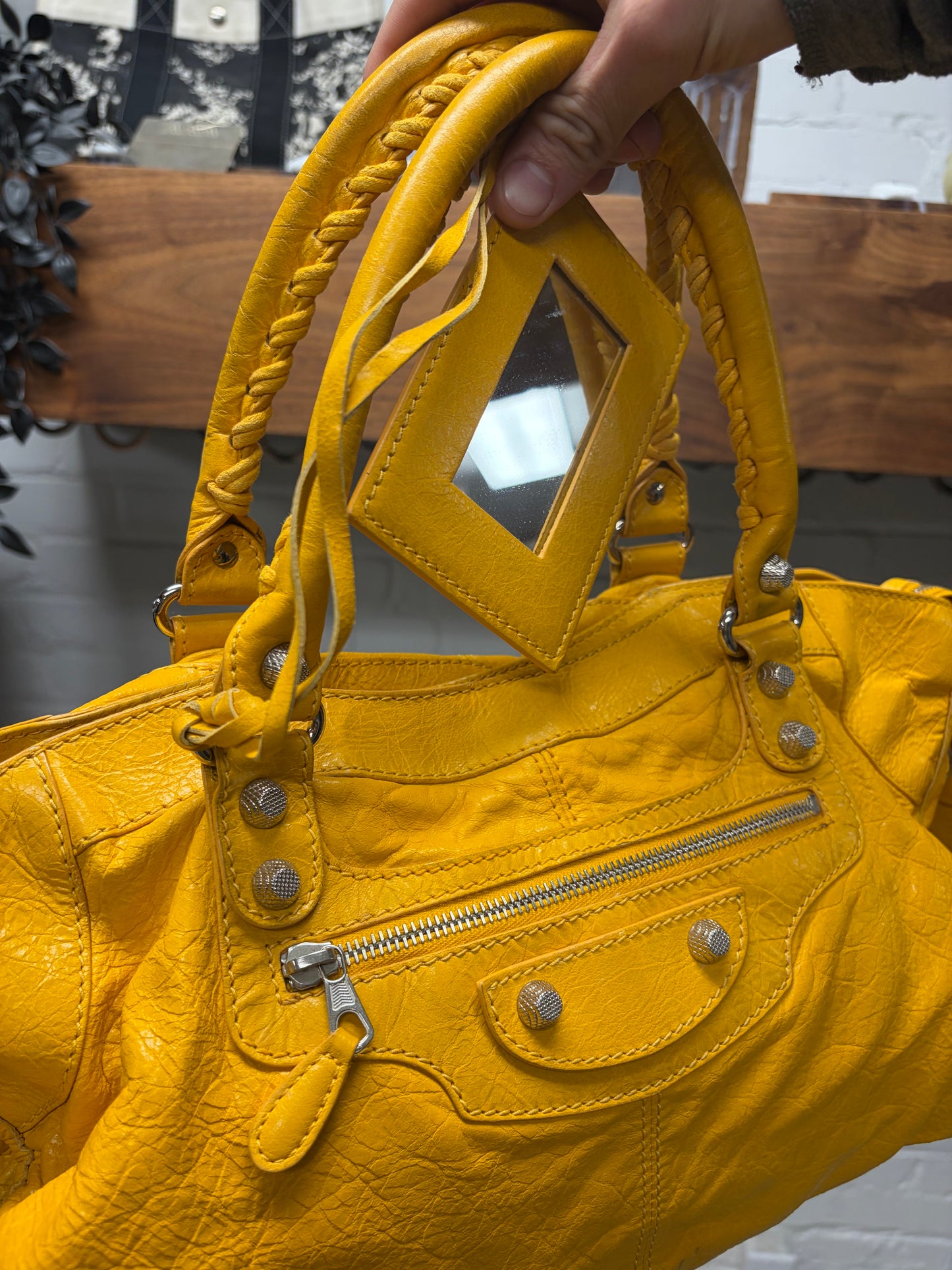 Balenciaga Yellow Lambskin Leather ‘City Bag’ with Silver Hardware and Crossbody Strap