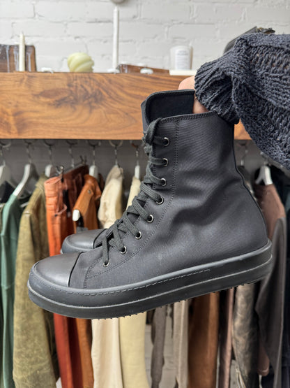 Rick Owens Waxed Nylon ‘Ramones’ Black High Top Sneakers
