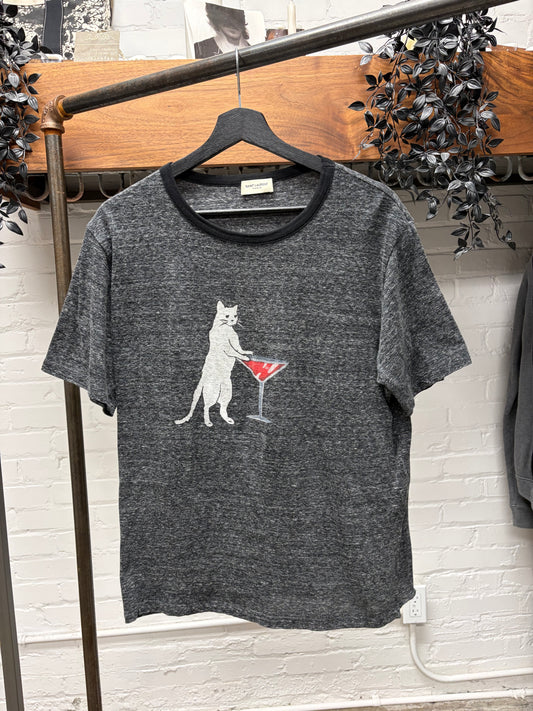 2017 Saint Laurent ‘Martini Cat’ Speckled Grey Graphic T-Shirt