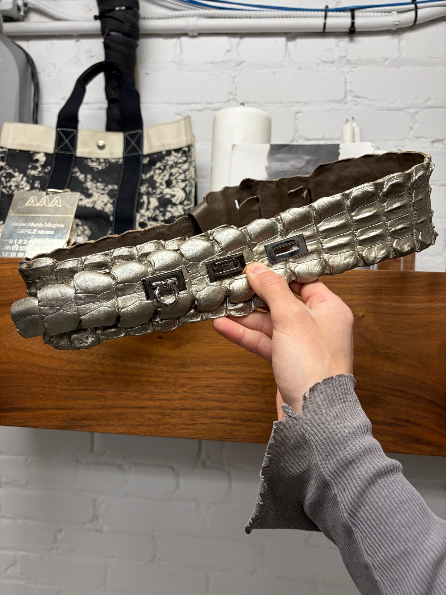 Ferragamo Genuine Crocodile Leather Silver Coated Belt