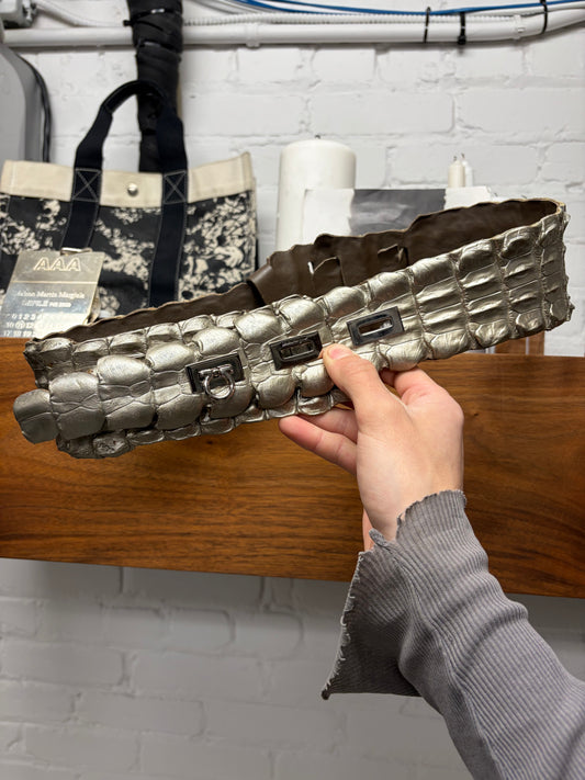 Ferragamo Genuine Crocodile Leather Silver Coated Belt