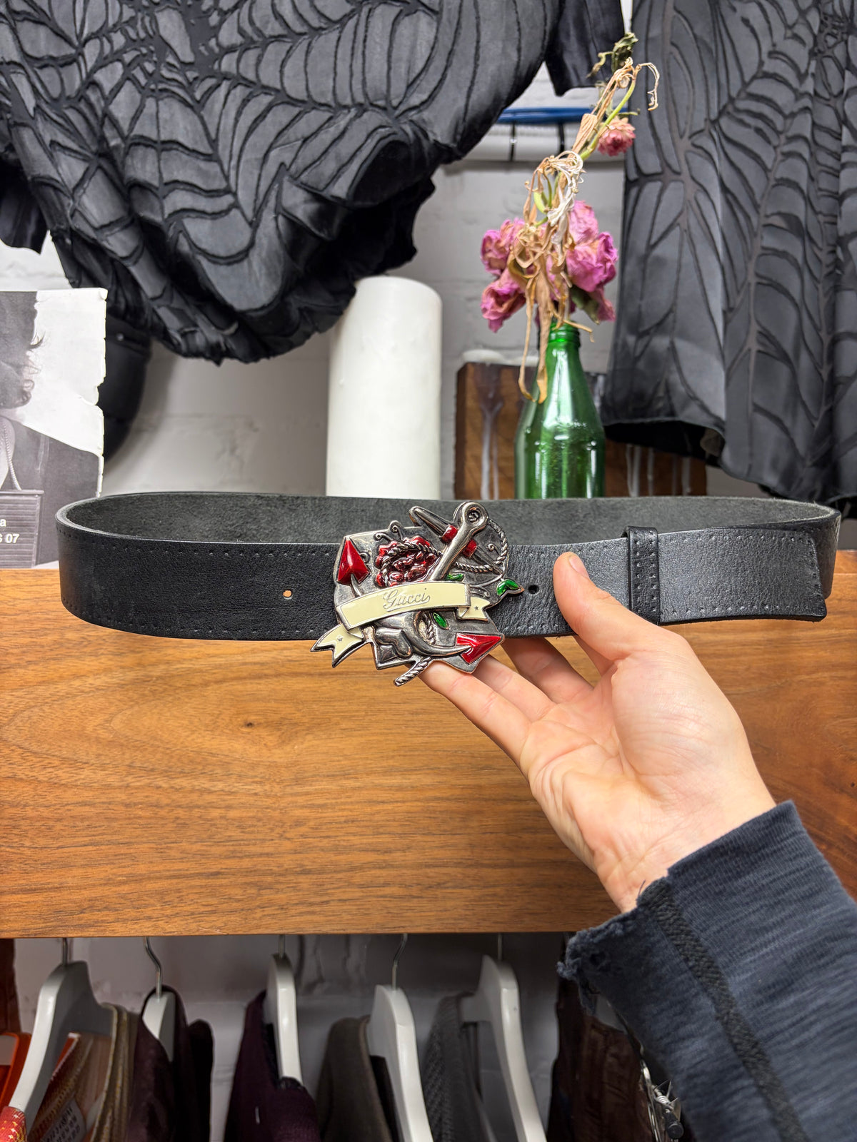 2000s Gucci ‘Anchor’ American Traditional Silver Buckle Leather Belt