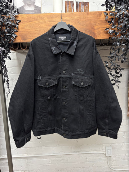 AW2022 Balenciaga ‘3B Sports Icon’ Oversized Distressed Black Denim Trucker Jacket