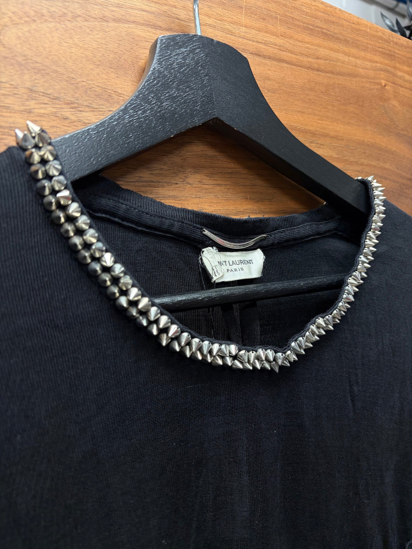 2014 Saint Laurent by Hedi Slimane ‘Studded Spike Collar’ Black Silk Short Sleeve Shirt