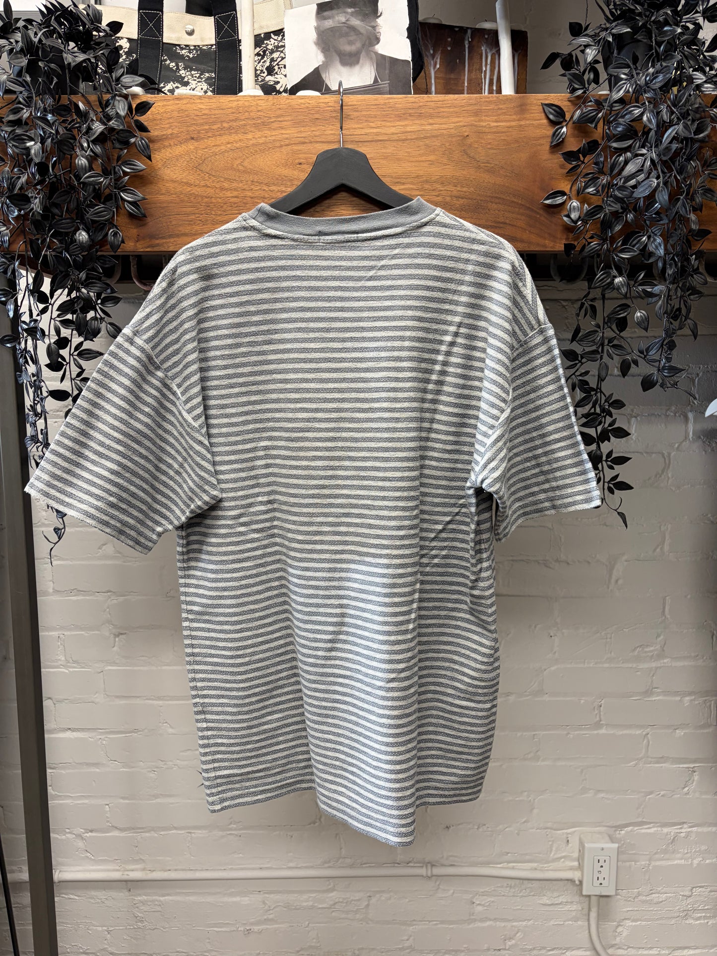 Vintage Yves Saint Laurent ‘YSL Logo’ Embroidered Blue/Grey Striped Logo T-Shirt