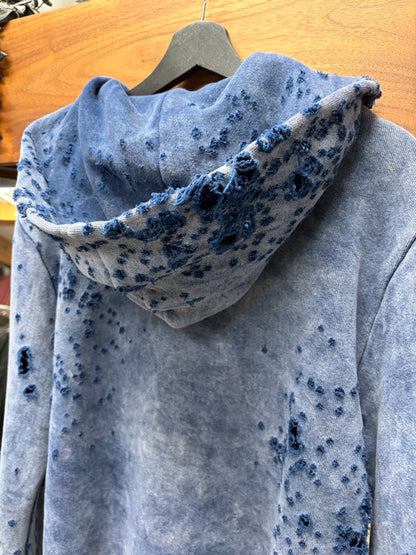 Amiri Shotgun Distressed Blue Cashmere Zip-Up Hoodie