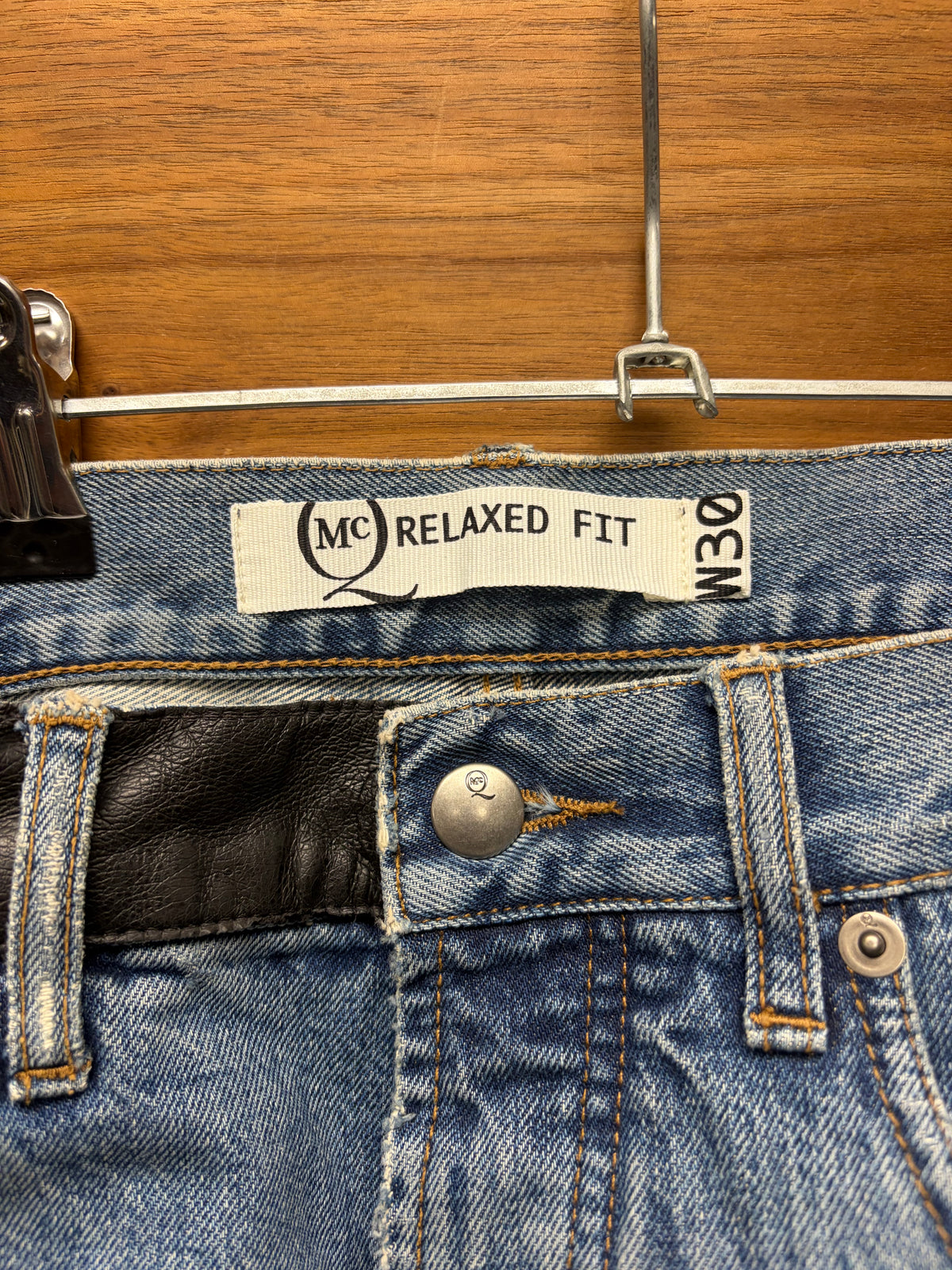 Alexander McQueen Straight Leg Leather Patch Repaired Blue Denim