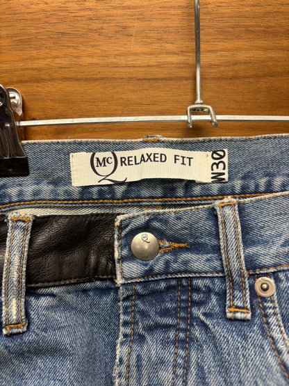 Alexander McQueen Straight Leg Leather Patch Repaired Blue Denim