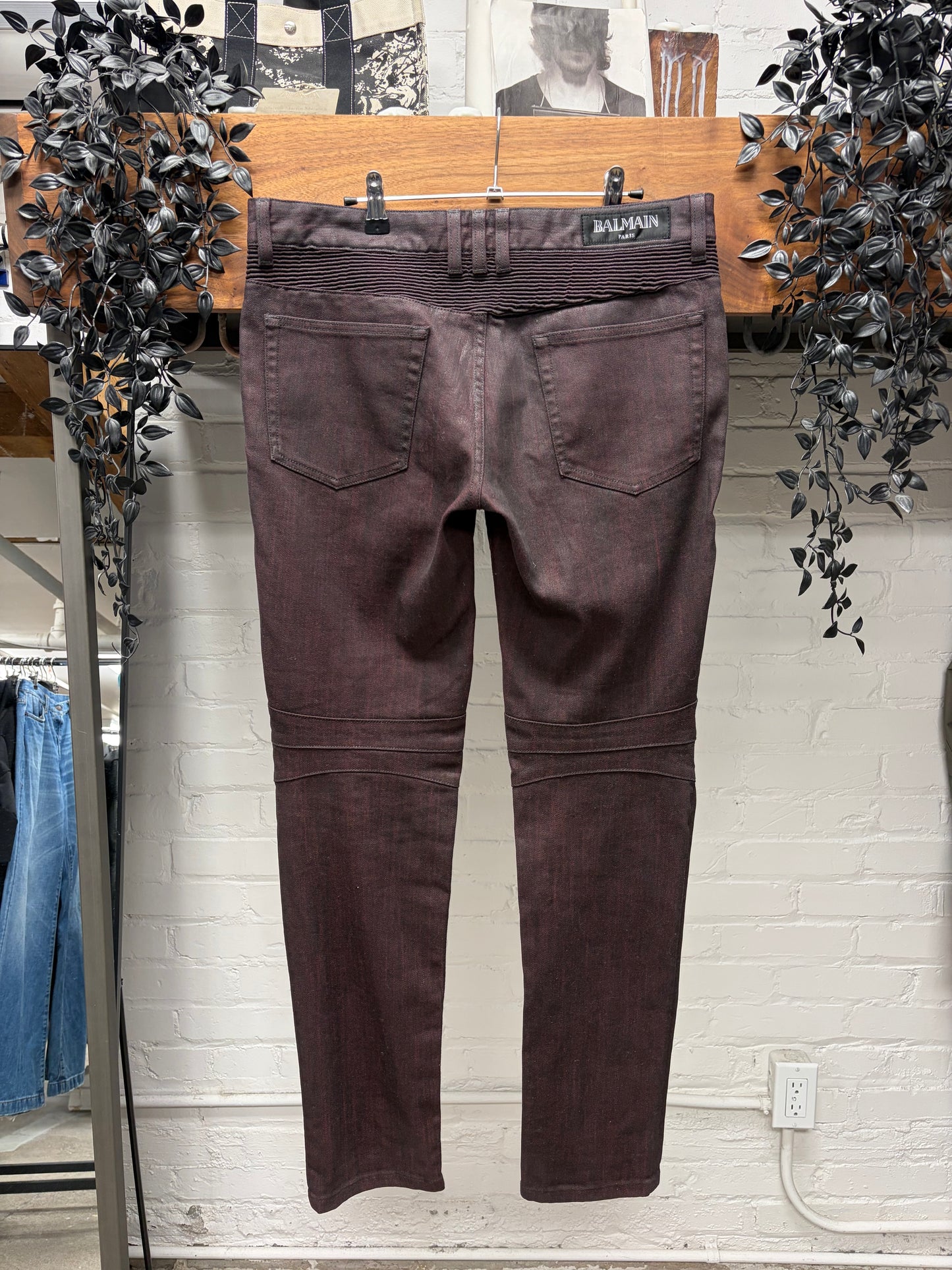 Balmain ‘Oxblood Red’ Waxed Biker Knee Skinny Jeans