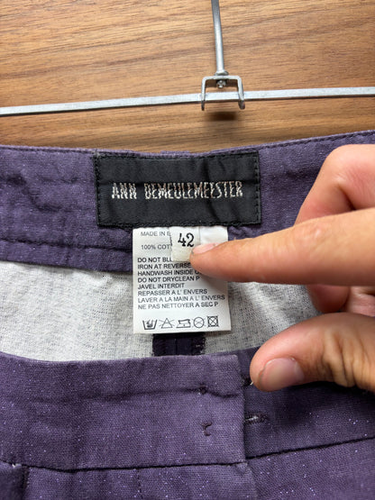 Ann Demeulemeester ‘Glitter’ Purple Cotton Pleated Wide Leg Trousers