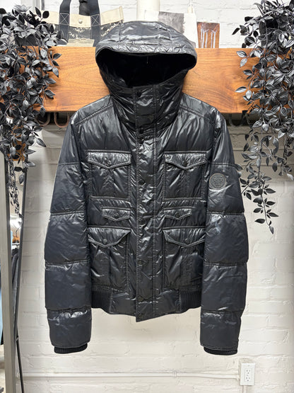 2000s Gucci by Frida Giannini Waxed Black Down Filled Jacket with Leather Crest Patch