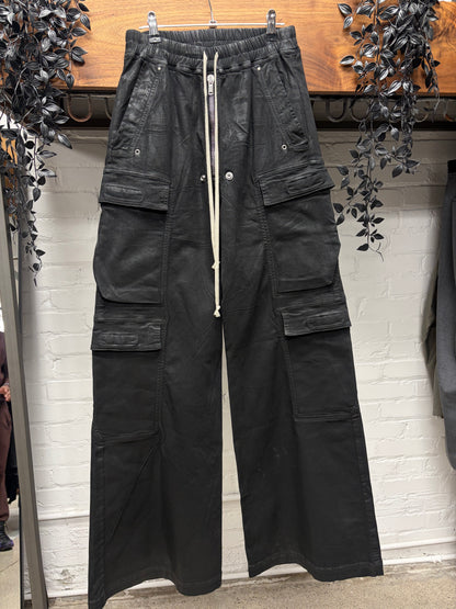 Rick Owens Waxed Black ‘CargoBela’ Wide Leg Pants
