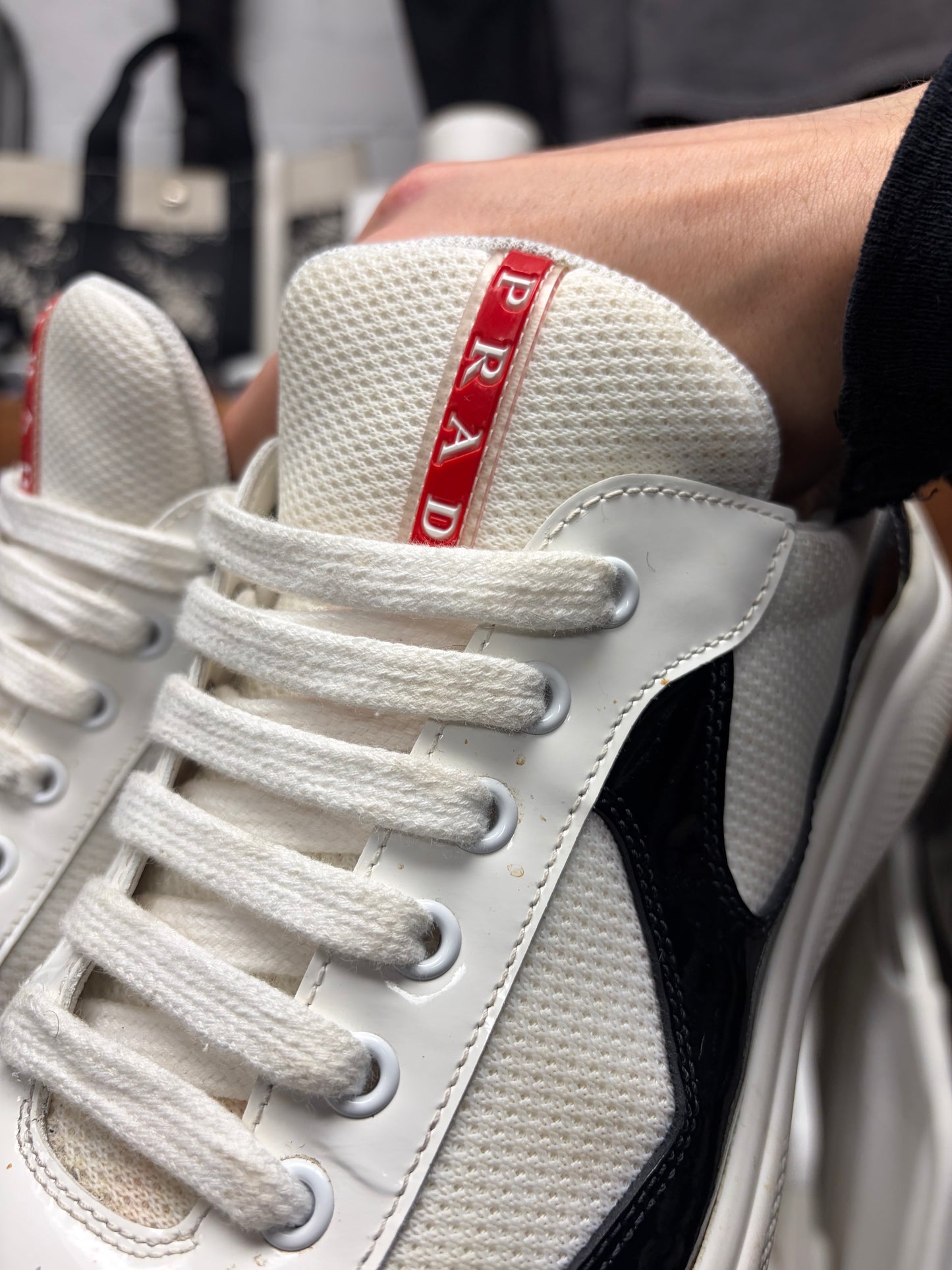 Prada ‘Americas Cup’ Navy/White Patent Leather Low Top Sneakers