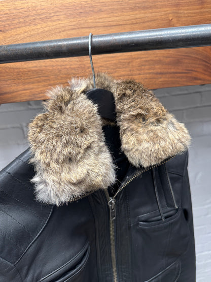 Vintage 90s Maison Martin Margiela ‘Rabbit Fur’ Blank Tag Black Leather Racing Jacket