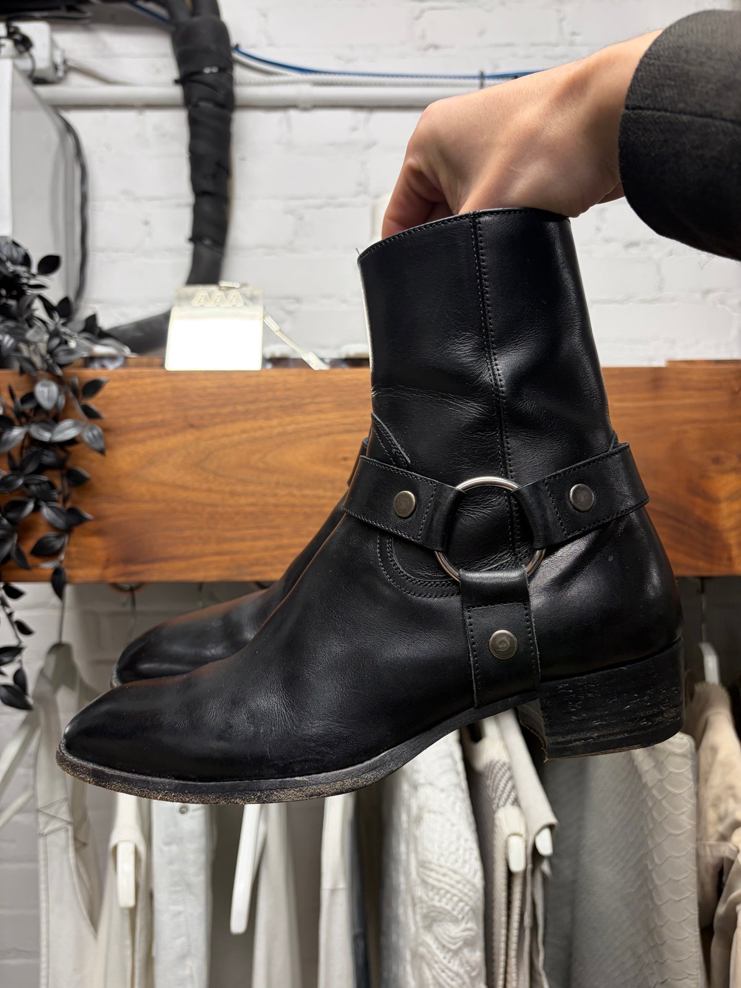 Saint Laurent Black Leather ‘Wyatt’ Harness Pointed Toe Boots