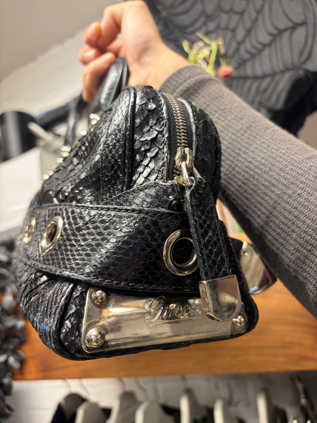 SS2007 Gucci by Frida Giannini Black Genuine Python Leather ‘Romy’ Top Handle Bag with Silver Grommet Belt