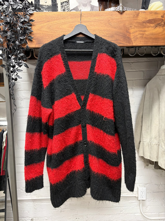 Undercover ‘Mohair Shag’ Black/Red Striped Knit Cardigan