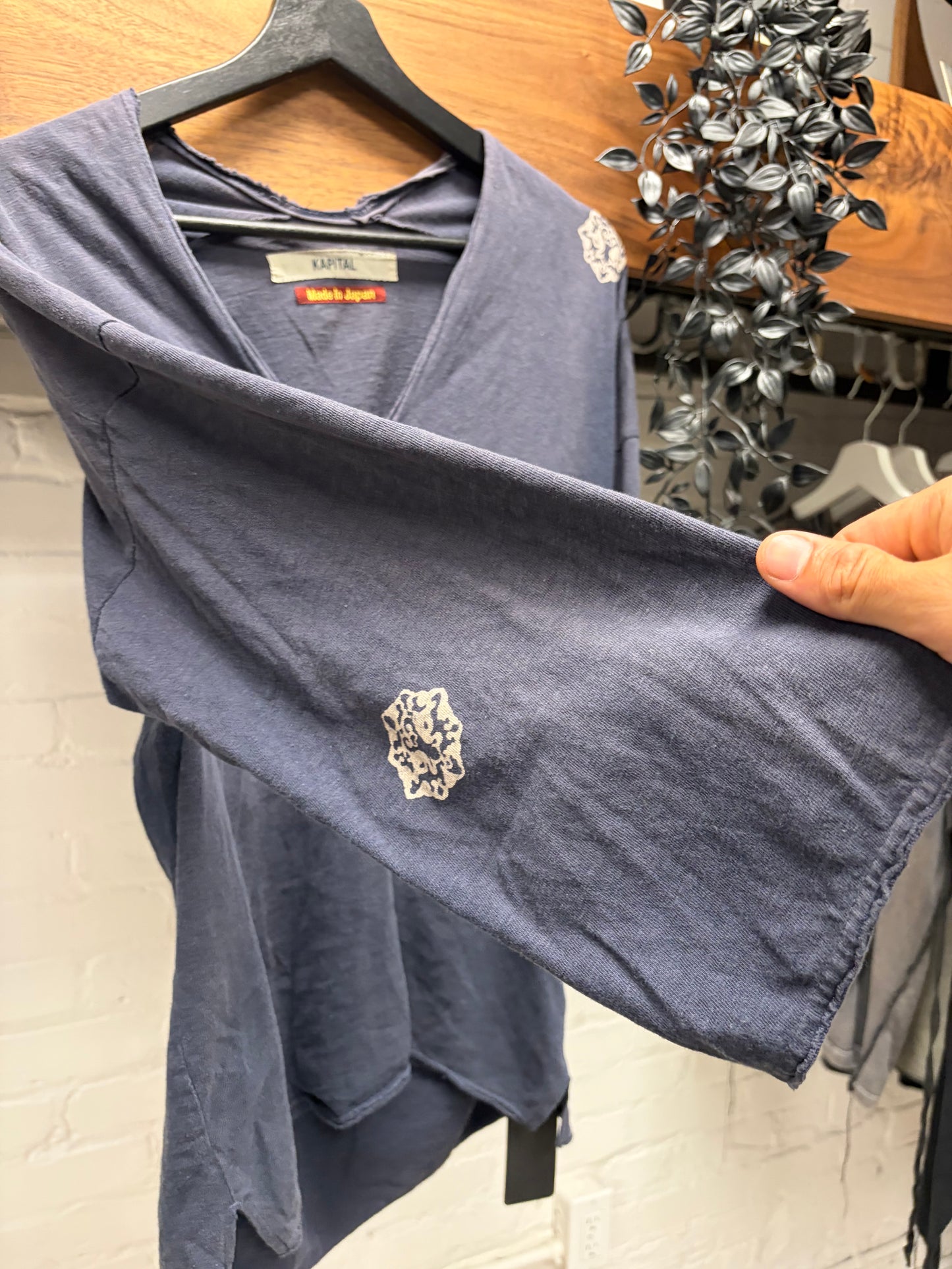 Kapital Plunged Neckline Purple Sun Faded Baseball Sleeve Shirt