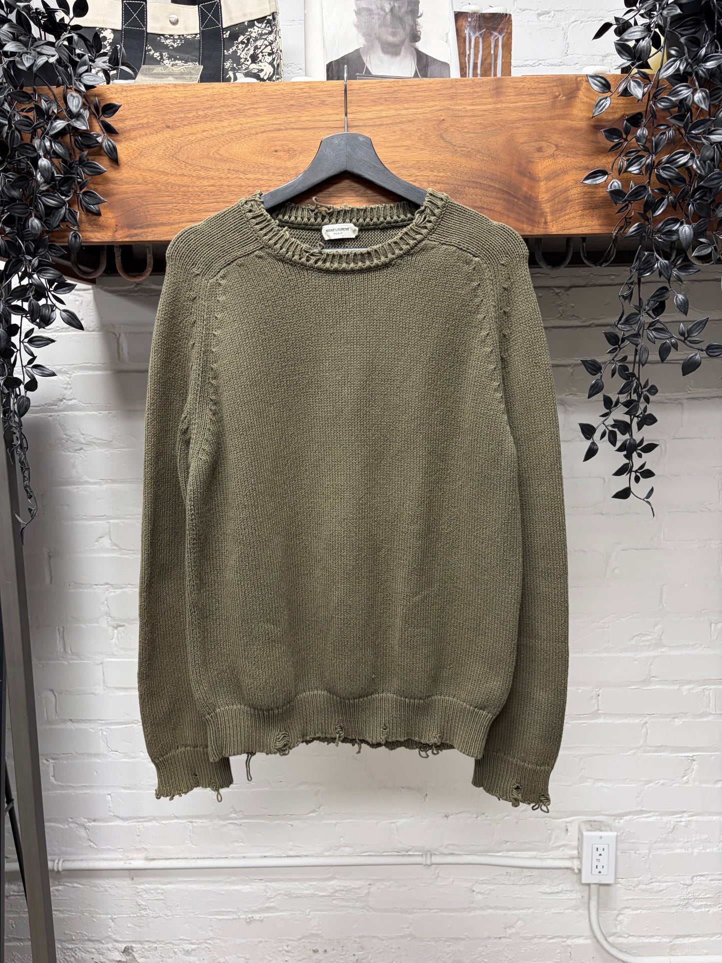 2020 Saint Laurent Distressed Dark Green Wool Knit Sweater