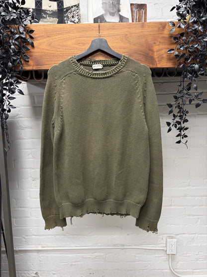 2020 Saint Laurent Distressed Dark Green Wool Knit Sweater