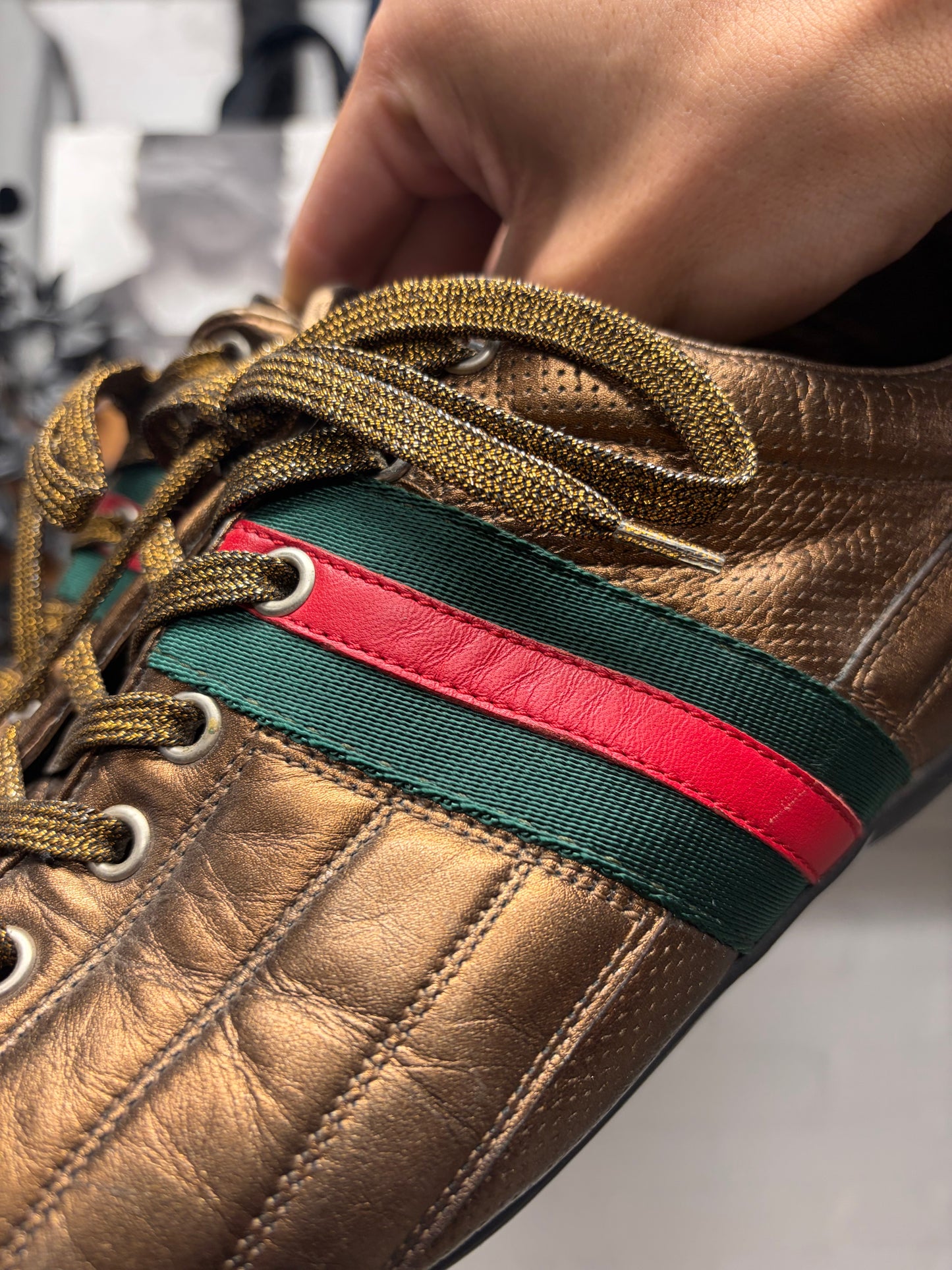 2000s Gucci Gold/Metallic Leather ‘Web’ Low Top Sneakers