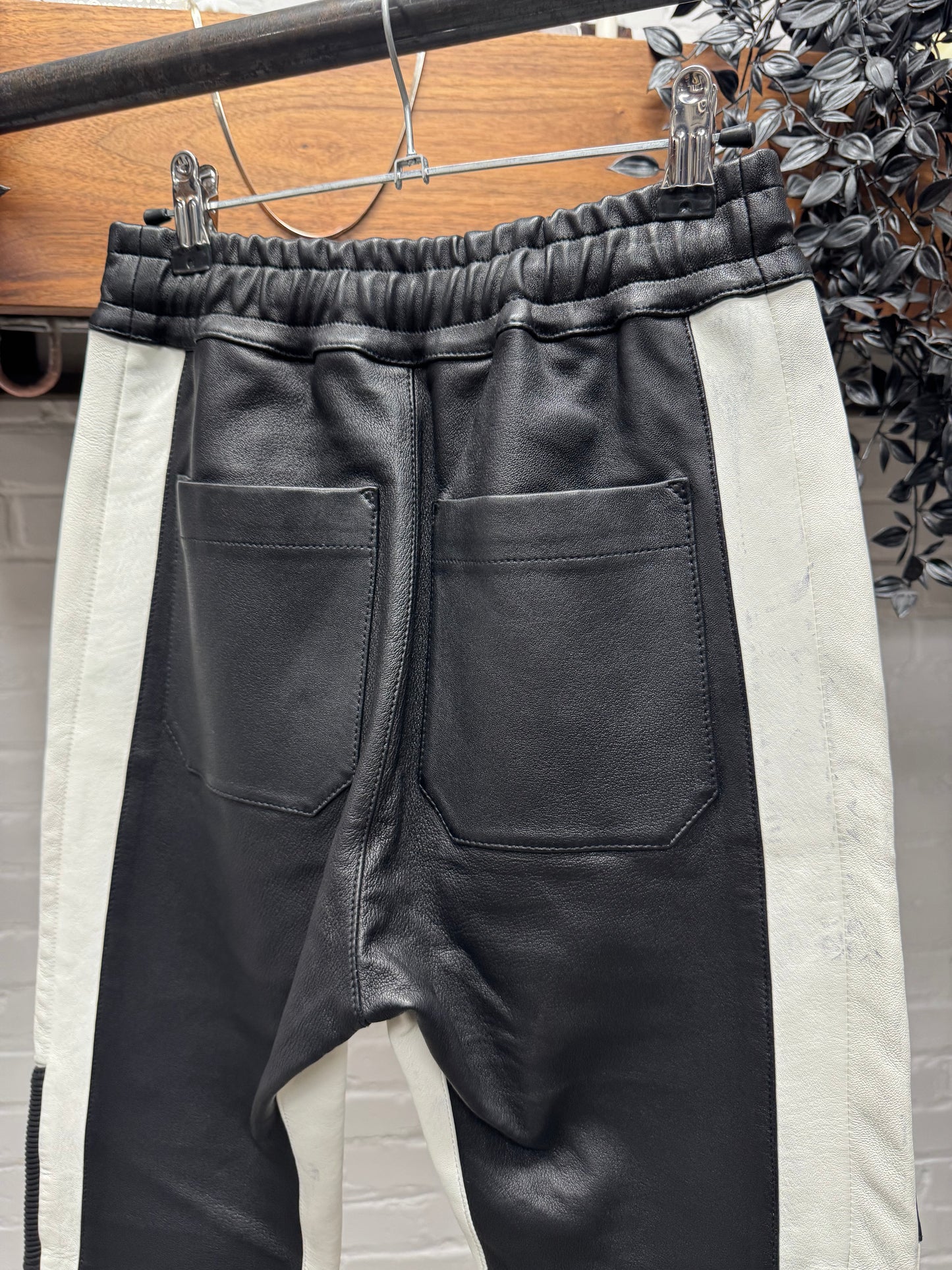 Balmain Pleated Black/White Leather Panelled Biker Pants